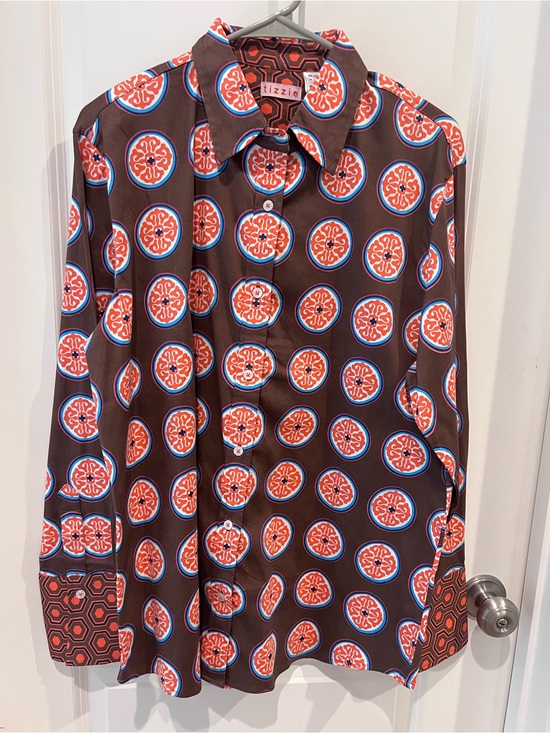 Tizzie Tops - Tizzie Brown Button-Down Shirt with Orange Medallion Print Size XL